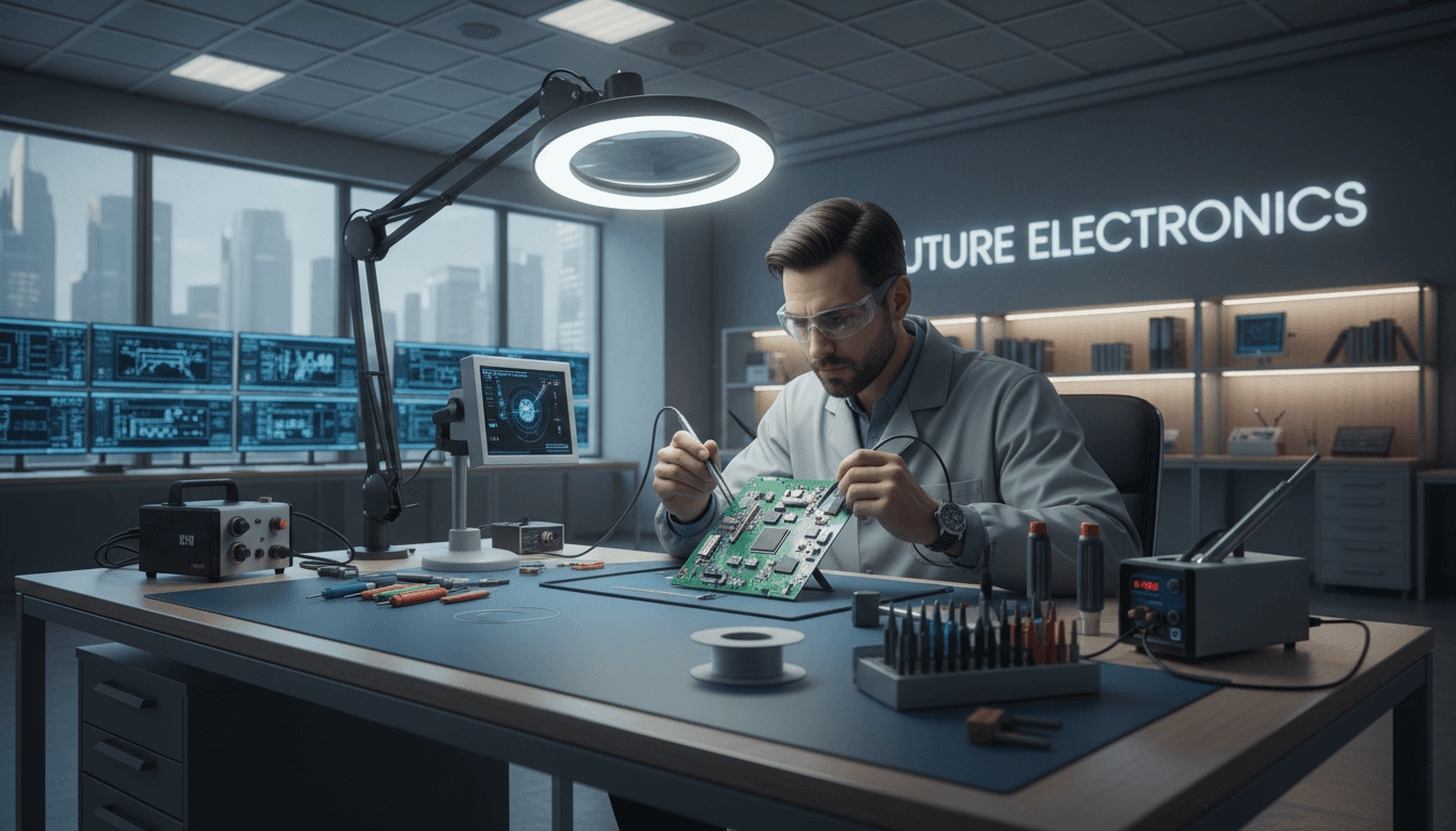 Technician repairing a circuit board with precision tools