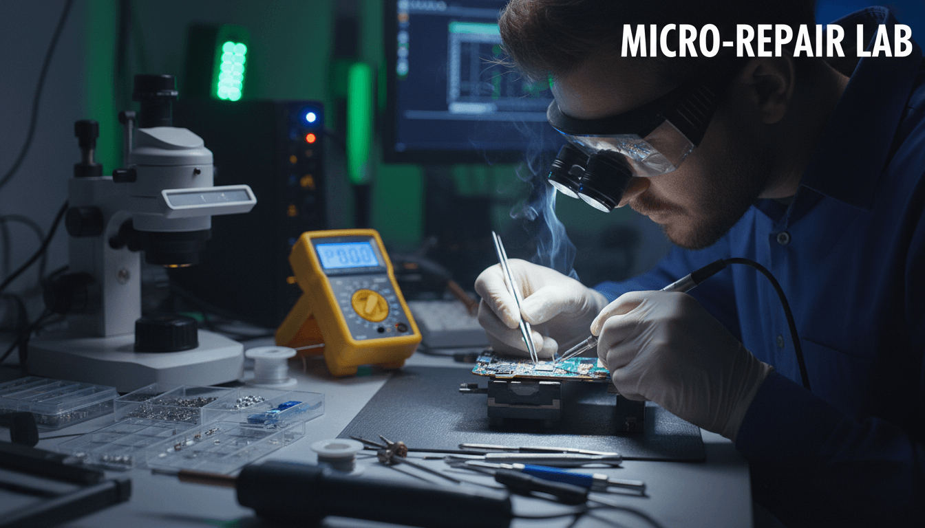 Technician repairing a smartphone circuit board at a workbench with precision tools