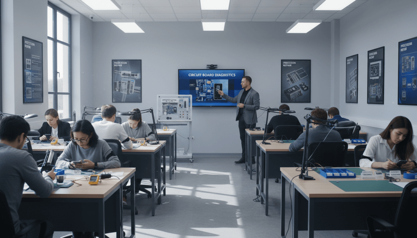 Student practicing soldering on a circuit board during repair training in a bright classroom