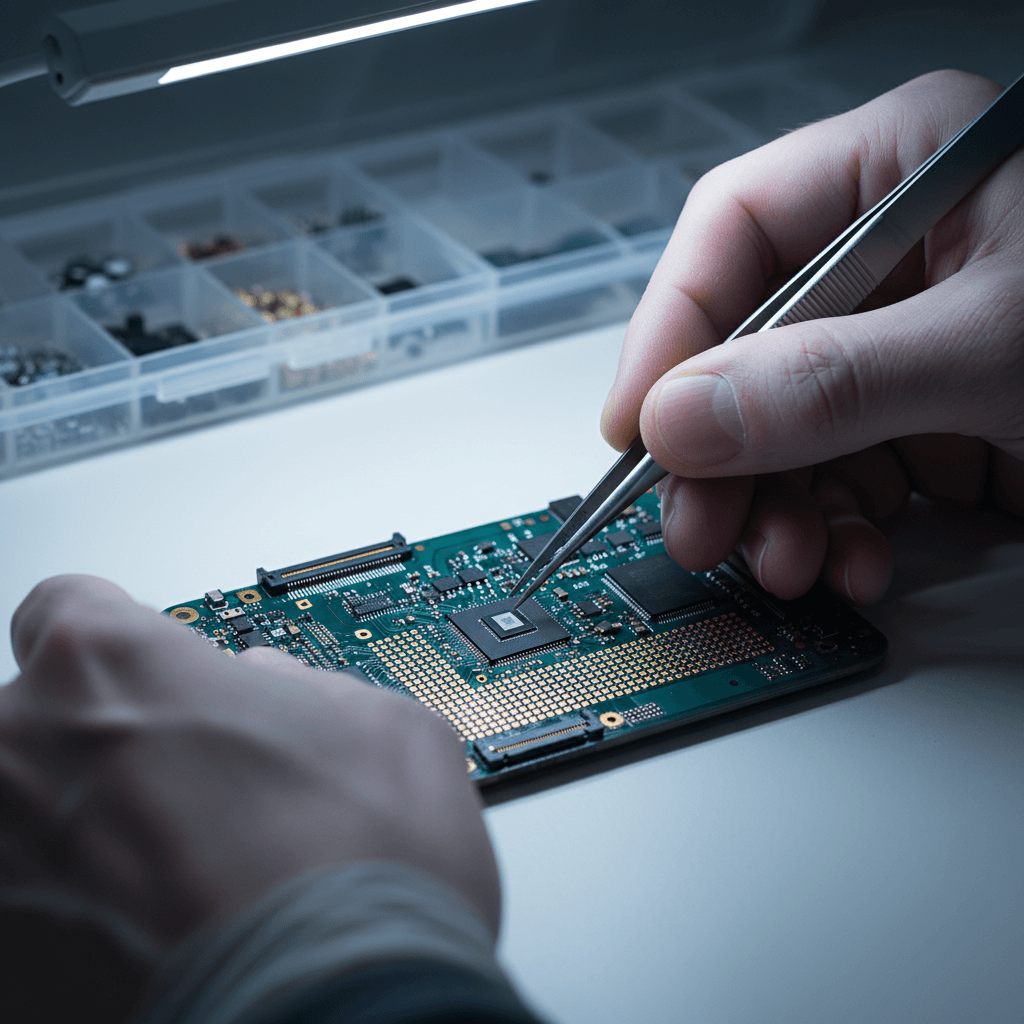 Technician hands repairing a circuit board with a precision screwdriver in a bright workshop