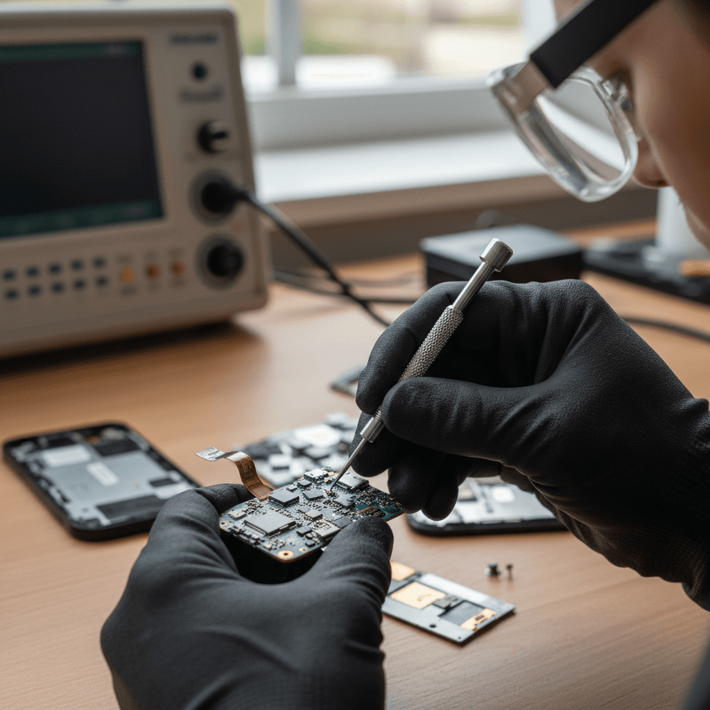 Technician repairing a smartphone circuit board with precision tools