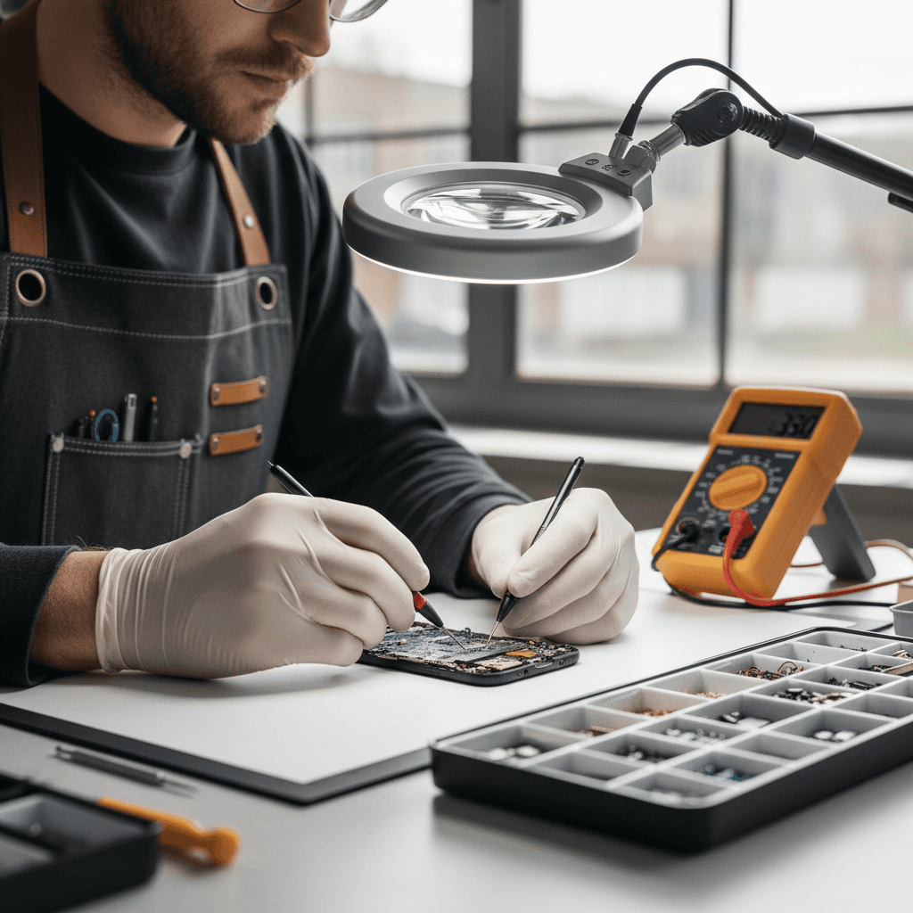 Technician repairing a smartphone circuit board at a clean workbench
