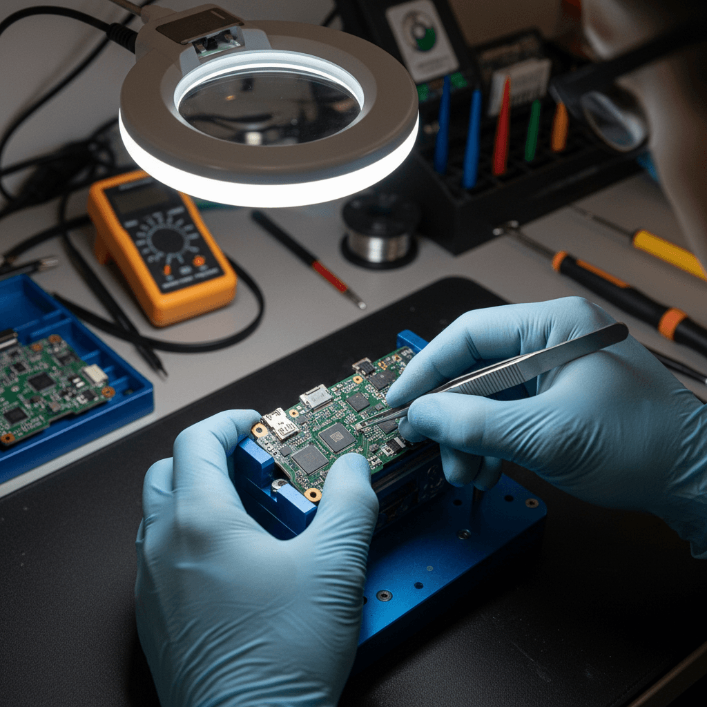 Technician repairing a smartphone circuit board at a clean workbench
